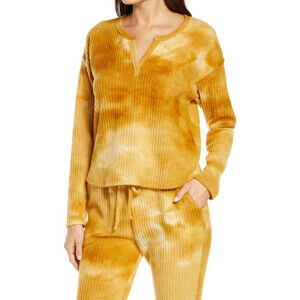 Socialite women's Thermal Knit Pullover long sleeve in Mustard Tie Dye Size XL